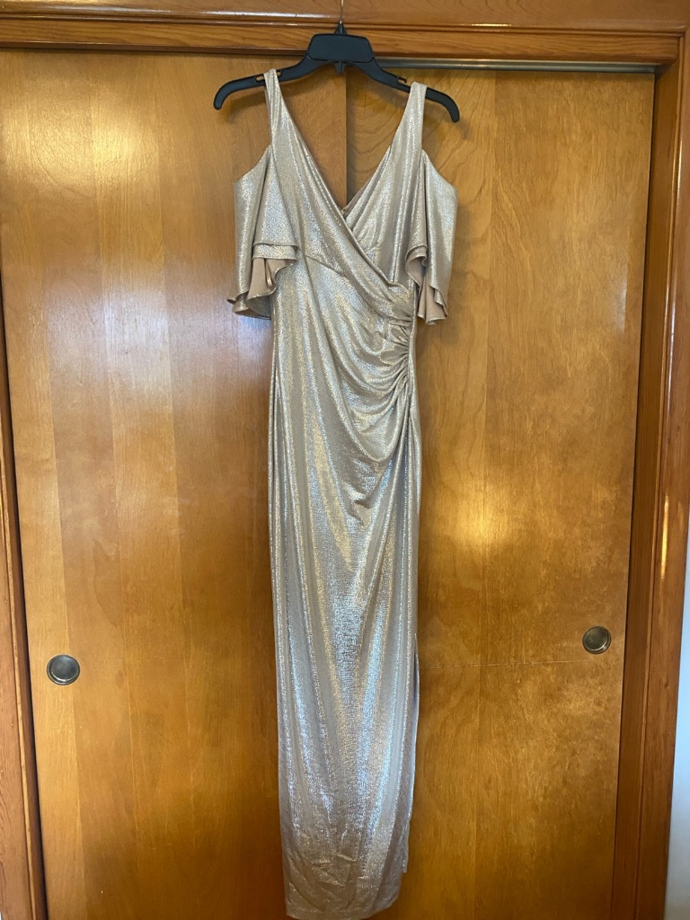 Lauren Ralph Lauren Metallic Gold Cold-Shoulder Evening Gown